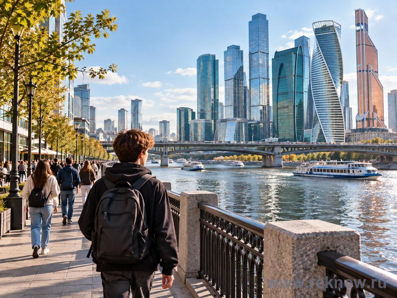 Подросток с рюкзаком идёт по набережной большого города с небоскрёбами